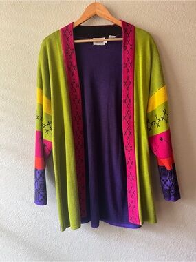 Vintage 80s Maximalist Multicolor Women's Sweater Cardigan - Green, Purple, Pink